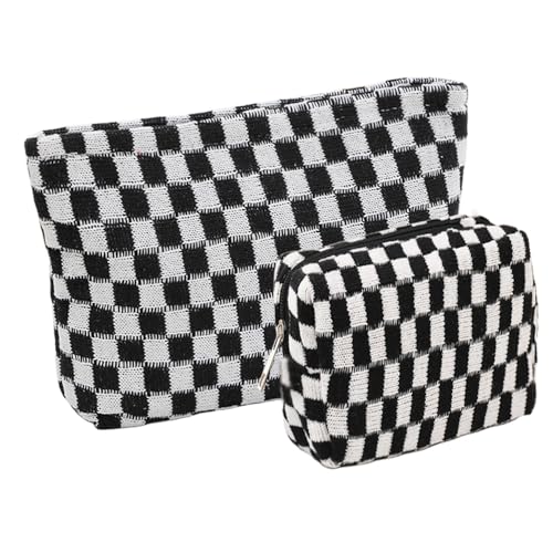 2 Pieces Makeup Bag Set, Small Black Checkered Cosmetic Bag Travel Toiletry Organizer Mini Cosmetic Pouch Case Makeup Brushes Cute Quilted Aesthetic Accessories Storage Bag for Women - color: Large+Mini Black