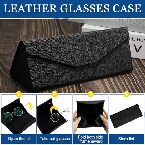 Flutesan 4 Pack Foldable Glasses Sunglasses Case PU Hard Shell Collapsible Eyeglasses Leather Case 4 Cleaning Cloths - color: Black Color