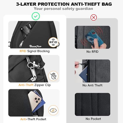 Seektop Anti Theft Crossbody Bag for Women RFID Blocking Waterproof Sling Backpack Lightweight 400D Nylon Small Chest Pack Shoulder Bag for Travel Hiking Commuting Men Black - color: Black