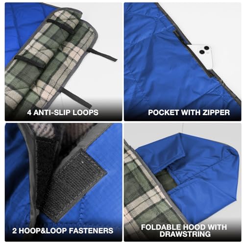 DUKUSEEK Hooded Outdoor Blanket, Waterproof Camping Blanket, Quilted, Thick Fleece, Warm, Windproof, Sand Proof, Portable and Wear-Resistant, Perfect for Stadium, Picnic, Camping - color: Dark Blue Outer With Blue Plaid Fleece
