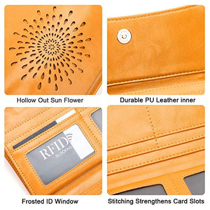 APHISON Womens Wallets RFID Blocking Leather Clutch Long Wallet for Women Card Holder Phone Organizer Ladies Travel Purse Hollow Out Sunflower Design Gift - color: DARK-YELLOW