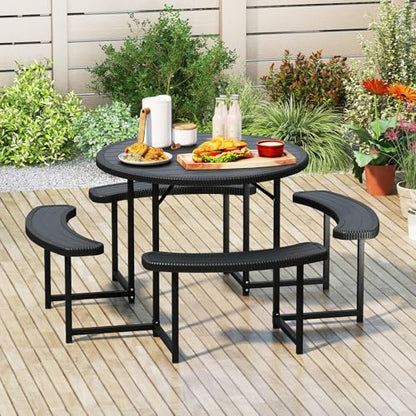 Tangkula 8 Person Picnic Table, HDPE Outdoor Round Table and Bench Set with 4 Built-in Benches, Umbrella Hole, Metal Frame for Garden Yard Patio Lawn - color: Black