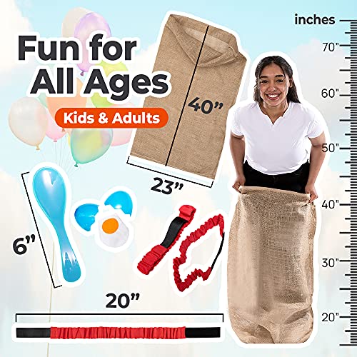 Shop Square Outdoor Field Day Games, Potato Sack Race Bags for Kids and Adults, Egg and Spoon Race, 3 Legged Race Bands - with Storage Bag - size: Pack of 4 (Bundle)