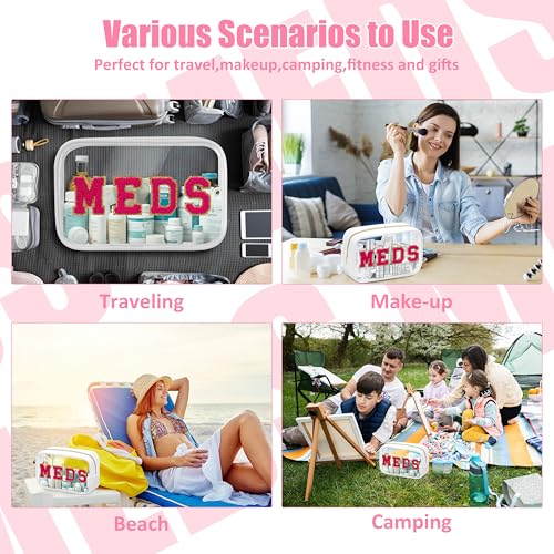 BuyCard Clear Meds Chenille Letter Nylon Makeup Bag - Portable Preppy Patch Cosmetic Toiletry Travel Storage Medicine Bag With Zipper for Women Girls White - color: MEDS-White, style: 1 Pcs-clear
