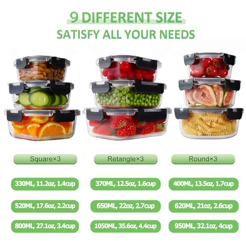 HOMBERKING 18 Piece Glass Food Storage Containers with Lids, Glass Meal Prep Containers, Airtight Lunch Bento Boxes, BPA-Free & Leak Proof, Oven, Freezer and Dishwasher Safe (9 lids & 9 Containers) - color: Black