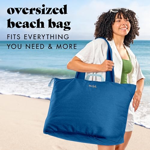 Fit & Fresh XL Beach Tote Bag for Women – XL Travel Tote with Zipper & Pockets, Oversized Canvas Pool Bag, Weekender Carry-On - color: Cobalt