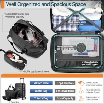 Hoteel Luggage Sets 3 Piece, 4-Yr Warranty, PC+ABS Hard Shell Expandable Suitcases with Wheels, TSA Aproved Lock and Carry on Bags, Travel Suit Case Set for Men and Women, (3-Piece, Black) - color: Black, size: 3 Piece Set (Expandable 20/DB/TB)