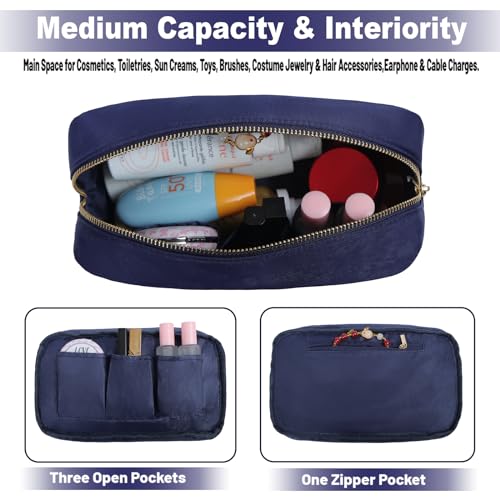Small Makeup Bag for Women Fashion Travel Cosmetic Pouch Mini Toiletry Kit Bag with Bow (M,NavyBlue-Bow) - color: NavyBlue-Bow, size: M