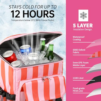 DYSHAYEN Cooler Backpack,Lightweight Backpack Cooler Insulated Leak Proof,30 Cans Soft Cooler Bag for Beach,Camping,Beach,Picnic,Lunch - color: Orange and Pink Stripe