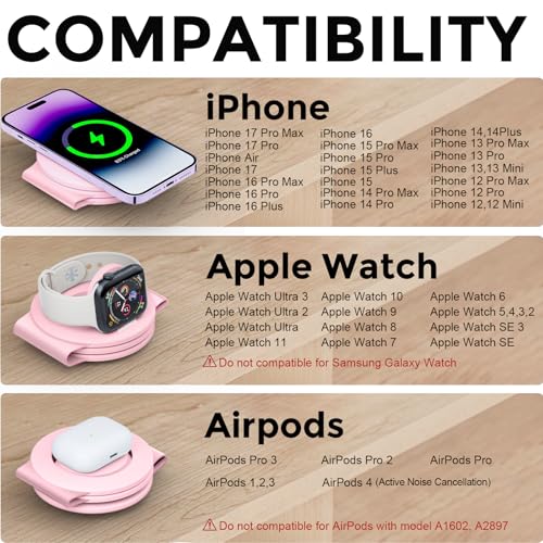 Hicober 3 in 1 Wireless Charging Station for Apple Watch and iPhone Air 17 16 15 14 13 12 Pro Max/Plus, Magnetic Foldable Wireless Travel Charger Station Stand for Airpods iWatch All Series Pink - color: Pink