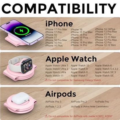 Hicober 3 in 1 Wireless Charging Station for Apple Watch and iPhone Air 17 16 15 14 13 12 Pro Max/Plus, Magnetic Foldable Wireless Travel Charger Station Stand for Airpods iWatch All Series Pink - color: Pink