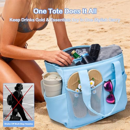 Odoland Soft Cooler Bag - Leakproof & Insulated, 2-in-1 Collapsible Design, Dry/Wet Separation, Large Soft Sided Cooler with Multi-Pocket Design for Beach, Picnic, Camping, Day Trip, Family Size - color: Light Blue