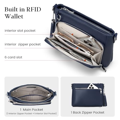 befen Anti Theft Genuine Leather Crossbody Bags for Women Handbags and Shoulder Basg with Built in Wallet RFID Leather Purse - color: Navy Blue