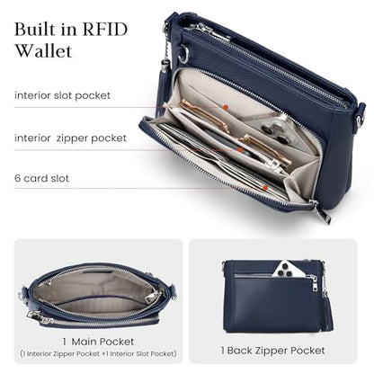 befen Anti Theft Genuine Leather Crossbody Bags for Women Handbags and Shoulder Basg with Built in Wallet RFID Leather Purse - color: Navy Blue