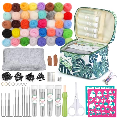 IMZAY Needle Felting Kit, Wool Roving 40 Colors Set, Needle Felting Starter Kit, Needle Felting Tools Kit with Exquisite Green Storage Bag, Wool Felt Tools for Felted Animal Needle Felting Supplies - size: Small
