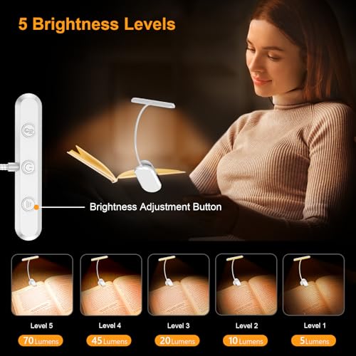 Gritin Rechargeable Book Light for Reading in Bed with 19 LED &Memory Function-Eye Caring 3 Color Temperatures,5 Brightness Levels,90 Hrs Runtime Flexible Goose Neck Clip on Light-White - color: White