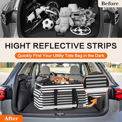 Extra Large Utility Tote Bag with Reflective Strip, Standing Reusable Grocery Bags with Hard Bottom, Collapsible Utility Tote with Handles for Shopping, Beach, Picnics, Car, Striped Black - color: Striped Black
