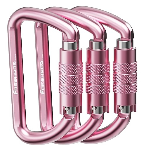 FresKaro 3inch 12kN-2698lbs Auto Locking Carabiner Clips, Solid D Shape, Heavy Duty 7075 Aluminum, Lightweight 1.09oz, Rust Proof, for Hammock, Hiking, Dog Leash, Keychain etc., Multi-Colors - color: Pink-3pcs