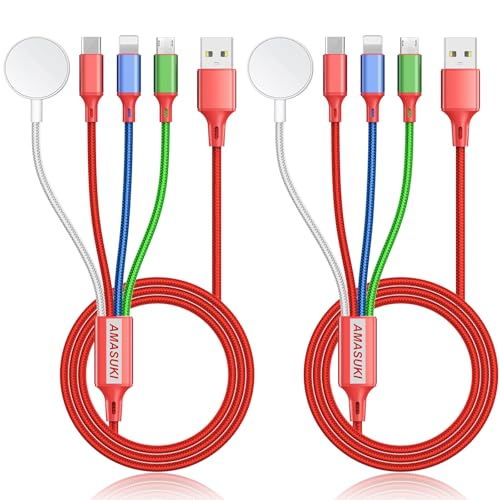 2Pack Multi Charging Cable for Apple Watch Charger 4 in 1 Travel Essentials RV Camping Essentials USB C/L/Micro Compatible with iWatch Series 11-1/iPhone 17/16/15/Android Airplane Gadgets-4FT/Red - color: Red, size: 4FT+4FT