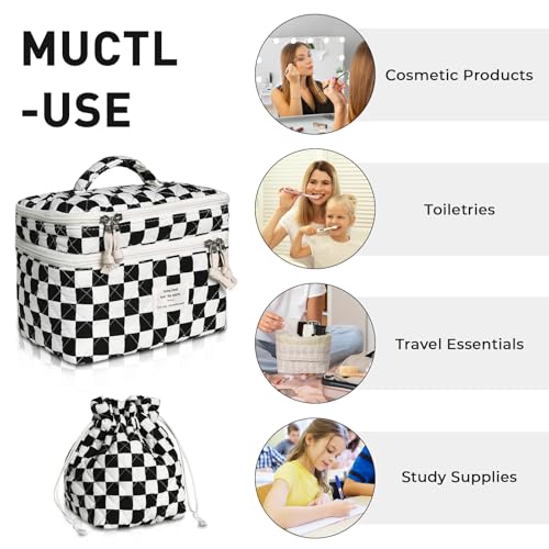 Gosect Makeup Bag, Quilted Cosmetic Bag Set, Drawstring Makeup Bag with Canvas Lining, Large Floral Toiletry Bag for Women Girls, Cute Cotton Flower Travel Organizer Bag (Checkered Pattern - color: Checkered Pattern
