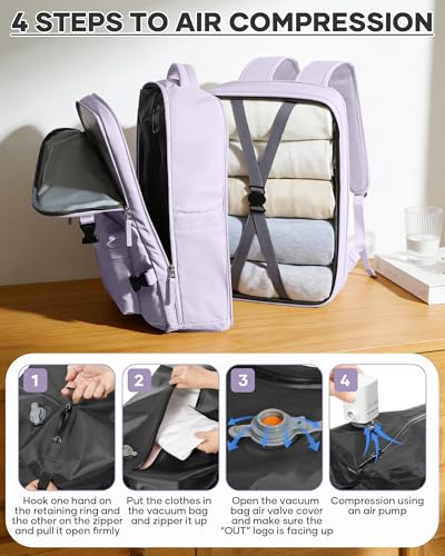 WONHOX Vacuum Seal Backpack for Travel with Air Pump Compression Vacpack Personal Item Carry on Flight Approved Daypack Laptop Space Saver Bags Storage with Vacuum System Travel Bag Women Men Purple - color: A18-purple