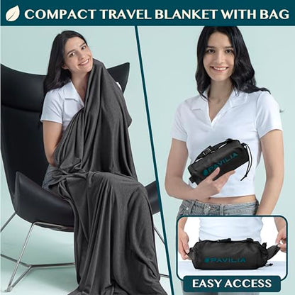 PAVILIA Travel Blanket Airplane Compact with Bag, Lightweight Soft Fleece Plane Blanket Long Flights, Camping Road Trips, Packable Travel Gift Essentials with Luggage Backpack Strap, 65x40, Black - color: Black