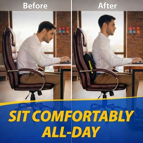 Goodyear Ergonomic Lumbar Support Pillow for Office Chair, Gaming Chair, or Car, Memory Foam Cushion with Ventilated Mesh and Adjustable Strap for Long Lasting Comfort