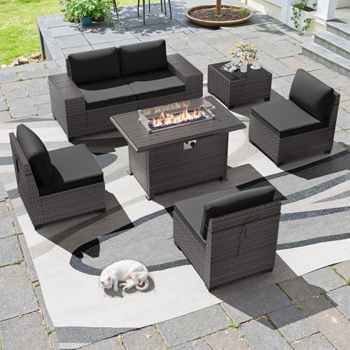 7 PCS Outdoor Patio Furniture Set,Outdoor Sectional Furniture with 43" 55000 BTU Gas Propane Fire Pit Table,All Weather PE Rattan Wicker Patio Conversation Set,Black - color: Black, size: 7 High Backrest w/Fire Pit