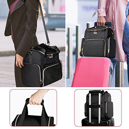 Large Cosmetic Bag with 3 Removable Case, Double Layer Travel Organizer with Inner Dividers and Makeup Brushes Storage Section, Black (Patented Design) - color: Black