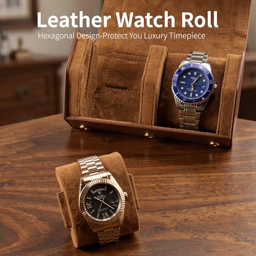Leather Watch Roll for 2 Watches - Velvet-Lined Travel Case, Luxury Watch Rolls Organizer with Storage & Display for Men (2 Slot-Brown) - color: 2 Slot-Brown