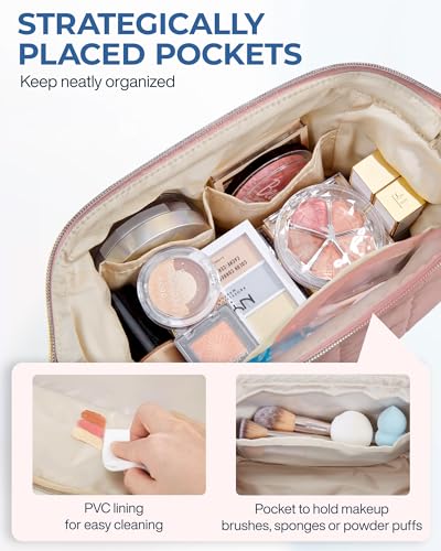 BAGSMART Makeup Bag Travel Toiletry Bag, Puffy Padded Make Up Bags for Women Makeup Organizer Case, Wide-open Pouch Purse Travel Essentials Toiletries Accessories Brushes, Dark Pink - color: 02-Dusty Rose Pink