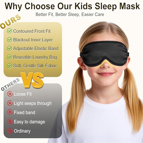 Kids Sleep Mask, Kids Eye Mask for Boys Girls, Kid Silk Eye Masks with Adjustable Strap for Sleeping, 100% Light-Blocking Sleep Eye Cover, Includes Protective Laundry Bag (Black) - color: Black