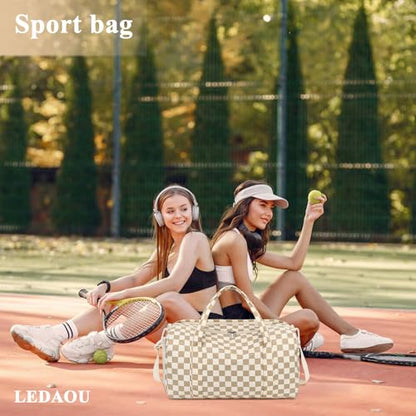 Gym Bag Sports Duffle Bag with Wet Pocket Weekender Overnight Bag with Waterproof Shoe Pouch and Air Hole for Girls Kids Women Travel Workout Bag - color: Brown checkered