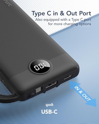 VRURC Portable Charger, Built-in 4 Cables Slim Power Bank 10000mAh, USB C Charging Bank with LED Display, Compact Travel Battery Pack with 5 Outputs for Multi Devices, Android-Black(1 Pack) - color: Black
