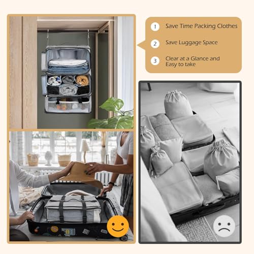 Surblue Hanging Shelves Travel Compression Packing Cube for Carry-on Luggage Suitcase Collapsible Transformable Garment Closet Organizers Large Capacity, Lightgrey, XXL - color: Lightgrey, size: XXL_14.96*11.47*22.83in