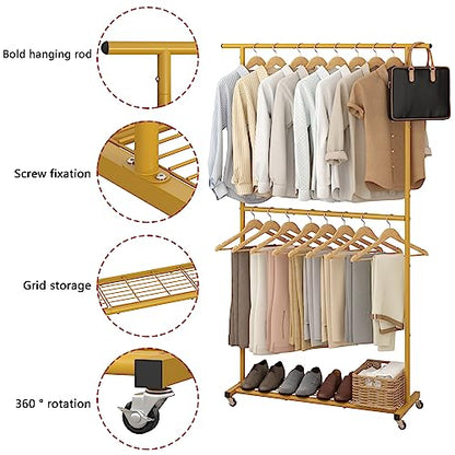 Sywhitta Double Rod Clothing Garment Rack, Rolling Coat Hanger with Bottom Mesh, Clothing Rack for Hanging Clothes, Coats, Skirts, Sweaters, Gold - color: Gold, size: With mesh