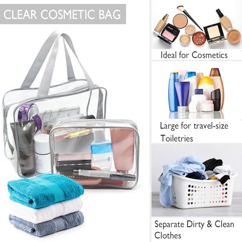 APREUTY Clear Makeup Bags, TSA Approved 6Pcs Cosmetic Makeup Bags Set Clear PVC with Zipper Handle Portable Travel Luggage Pouch Airport Airline Bags Bathroom (Gray) - color: Gray-6PCS (Large+Medium+Small)