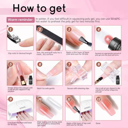 JEWHITENY Poly Extension Gel Nail Kit 14 PCS Poly Gel Kit with Slip Solution and Mini Lamp Nail Art Design Beginner - color: A03