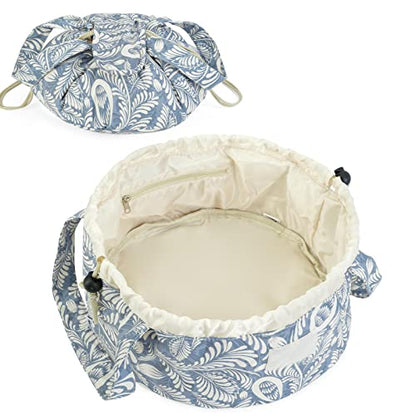 Narwey Barrel Drawstring Makeup Bag Large Cosmetic Bag Make up Bags Toiletry Organizer for Women (Blue Leaf) (Patent) - color: Y-Blue Leaf