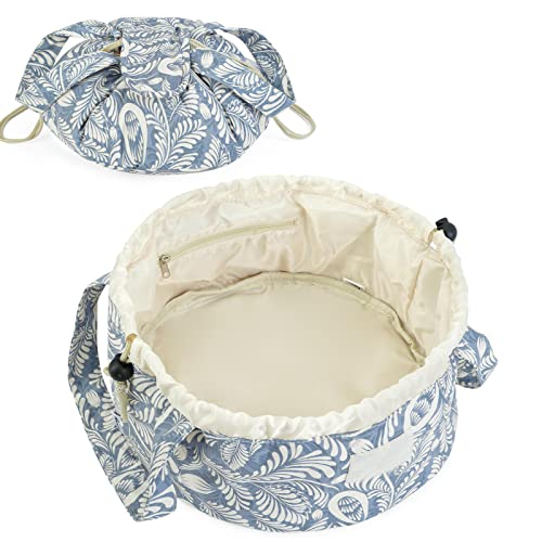 Narwey Barrel Drawstring Makeup Bag Large Cosmetic Bag Make up Bags Toiletry Organizer for Women (Blue Leaf) (Patent) - color: Y-Blue Leaf