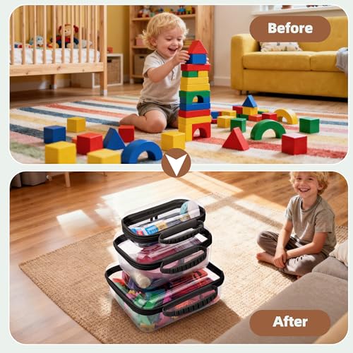 3 Pack Clear Hard Shell Zipper Cases with Handle, Waterproof Toiletry Bag for Travel, Diaper Bag Organizer Pouches, Nesting Pouches for Makeup, Toys, Snack Pouches, Stationery (Black) - color: Black