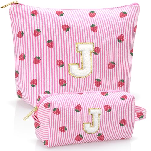 Personalized Initial Makeup Bag,Strawberry Print Preppy Cosmetic Toiletry Travel Bag,Trendy Letter Makeup Pouch for Teen Girls and Women,Holiday & Birthday Gift,2 Pack (J, Pink Strawberry) - style: J