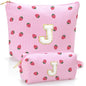Personalized Initial Makeup Bag,Strawberry Print Preppy Cosmetic Toiletry Travel Bag,Trendy Letter Makeup Pouch for Teen Girls and Women,Holiday & Birthday Gift,2 Pack (J, Pink Strawberry) - style: J