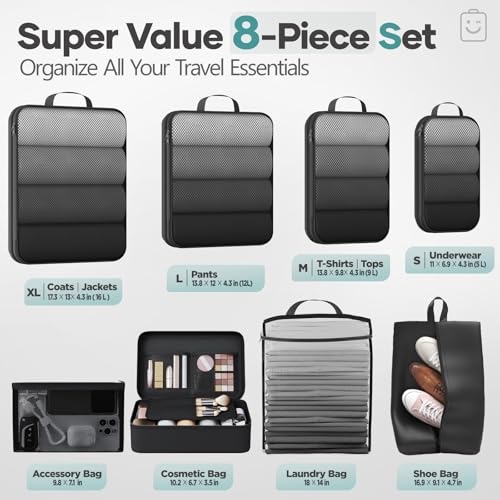 Veken 8 Set Compression Packing Cubes for Travel Essentials,Compressible Expandable Large Luggage Suitcase Organizer Bags for Clothing,Durable Space Saver Storage Bags with Makeup Bag(Black) - color: Black, size: 8 set