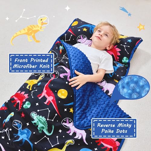 Lasoftan Toddler Nap Mat with Pillow and Blanket, Extra Large Rolled Napping Mats,Slumber Bags for Boys Girls,Kids Sleeping Bag for Daycare, Preschool Travel Camping - color: Space Dinosaur
