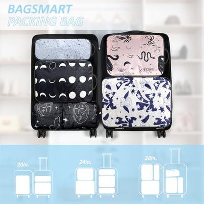 Boho Compression Packing Cubes Set (7 Piece) - Sun Moon Stars Travel Organizer Bags Travel Essential Bag for Clothes Shoes Cosmetics Toiletry - color: Black-11