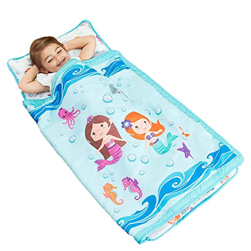 EVERYDAY KIDS Toddler Nap Mat with Removable Pillow -Underwater Mermaids- Carry Handle with Fastening Straps Closure, Rollup Design, Soft Microfiber for Preschool, Daycare Sleeping Bag, Ages 2-6 years - color: Underwater Mermaids