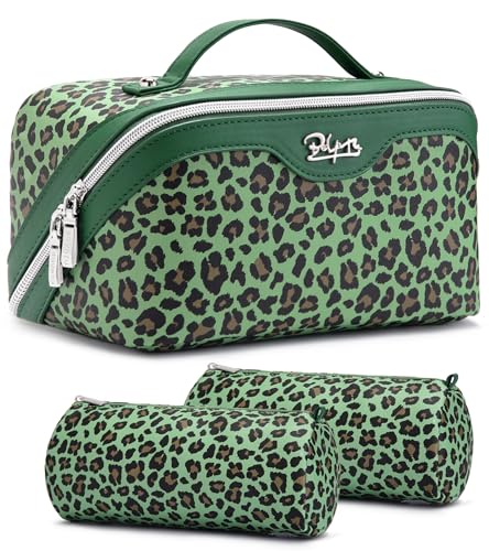 BOYATU Travel Makeup Bag Organizer: 3 Pcs Set Leopard Make up Bag for Women | Vegan Leather Cosmetic Bags with Compartments - Waterproof Toiletry Bag - 180° Open-Flat Make up Case for 3-15 Day Trips - color: 09-Green