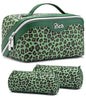 BOYATU Travel Makeup Bag Organizer: 3 Pcs Set Leopard Make up Bag for Women | Vegan Leather Cosmetic Bags with Compartments - Waterproof Toiletry Bag - 180° Open-Flat Make up Case for 3-15 Day Trips - color: 09-Green