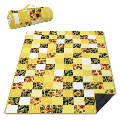 Checkered Picnic Blankets Waterproof Foldable, 60″X80″Sunflower Picnic Mat Outdoor Blanket for Grass, Cute Bee Thick Beach Blanket Sandproof Picnic Accessories for Camping Party Park Patio - color: A04, size: 5' X 6'8" (Rectangular)